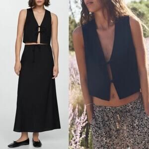 Zara Tie Front Cropped Vest Top Small Black 100% Linen Chic Minimalist Cottage